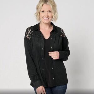 Attitudes by Renee Faux Suede Snap Front Shirt w/Laser Cutouts Size XS